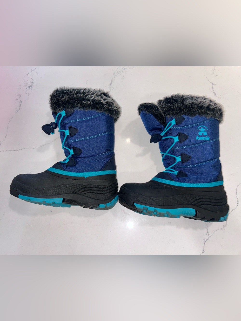 Kamik Kids Size 1 Waterproof Navy and Team Winter Boots w/ Faux Fur